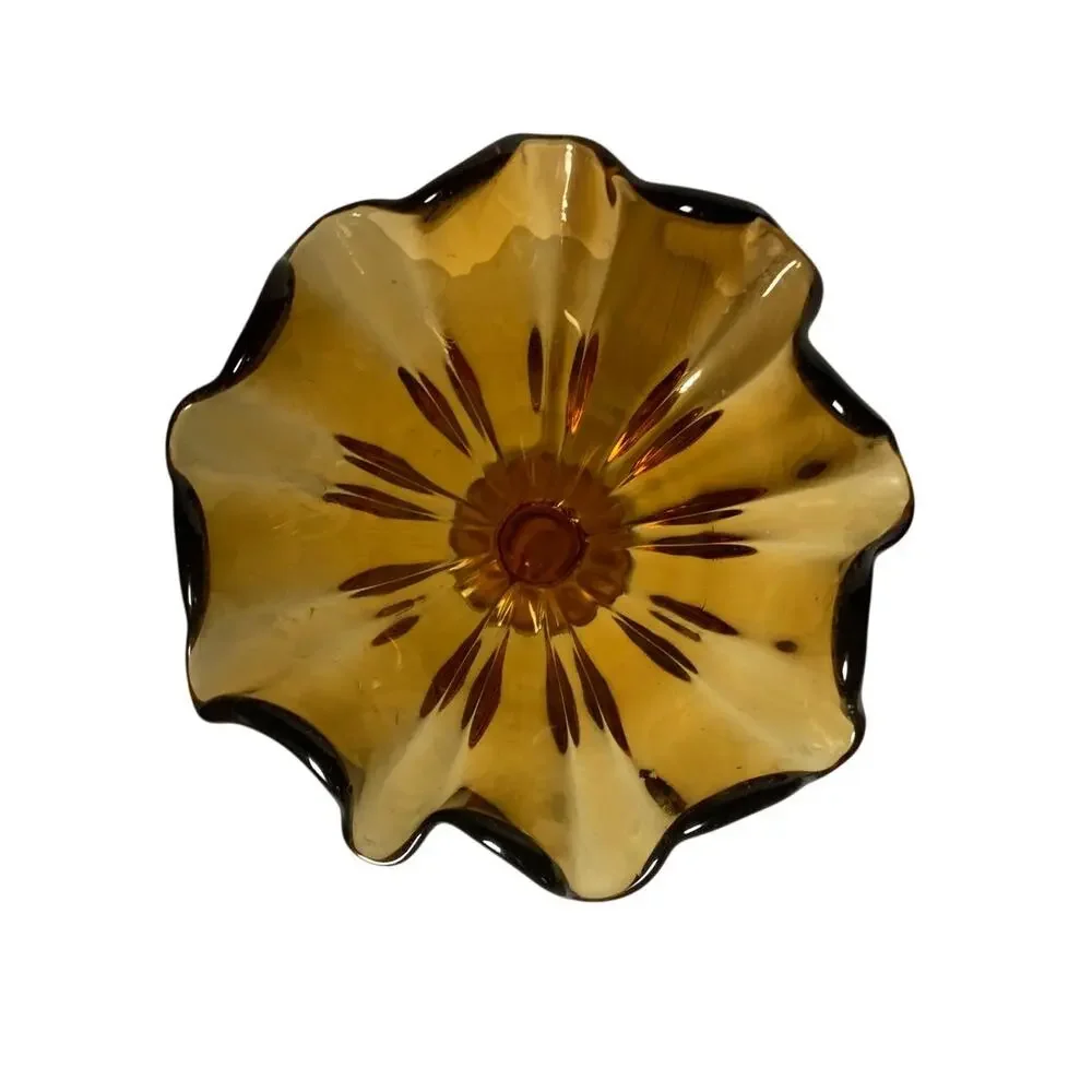 Vintage Amber Art Glass Pedestal Dish Candy Dish Rufflle Edge Bowl Glass